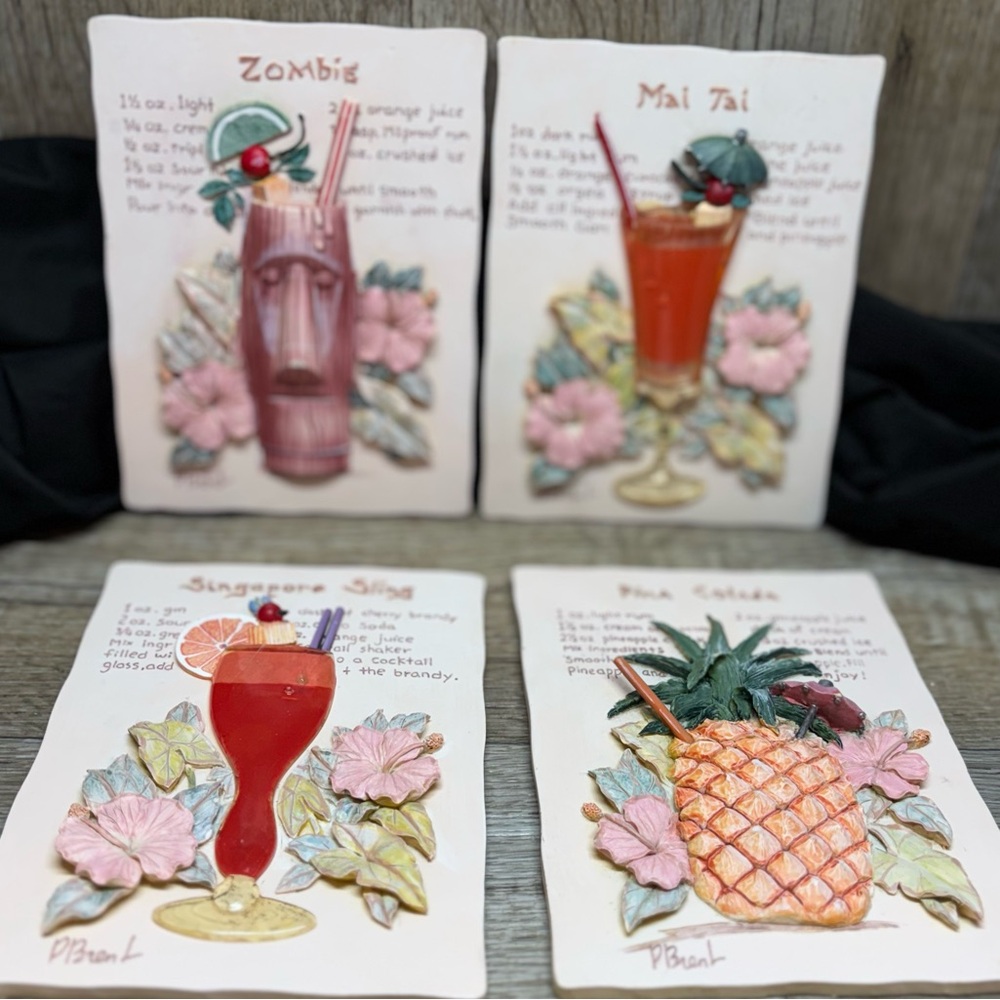 4 pc. Set Barware Tropical Drinks Recipe Wall Plaques 3D By P. Brent